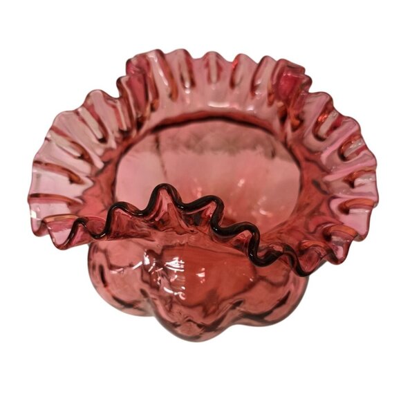 5" Fenton Cranberry Glass Vase Diamond Pattern Ruffled Edge - Picture 4 of 8